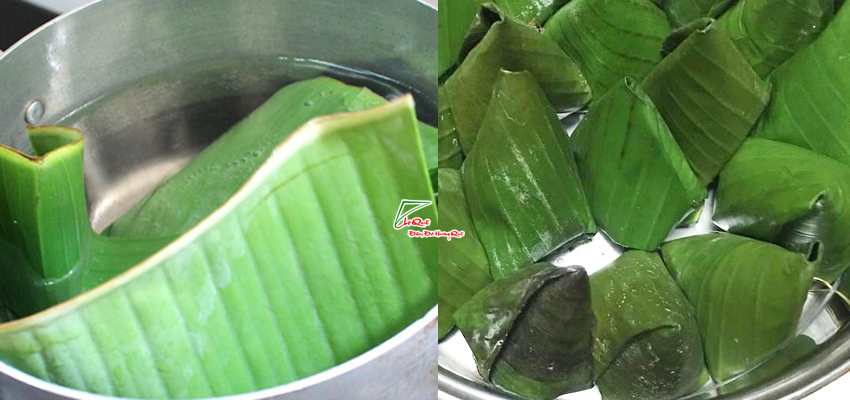 Gói bánh ít lá cẩm trong lá chuối đem hấp chín
